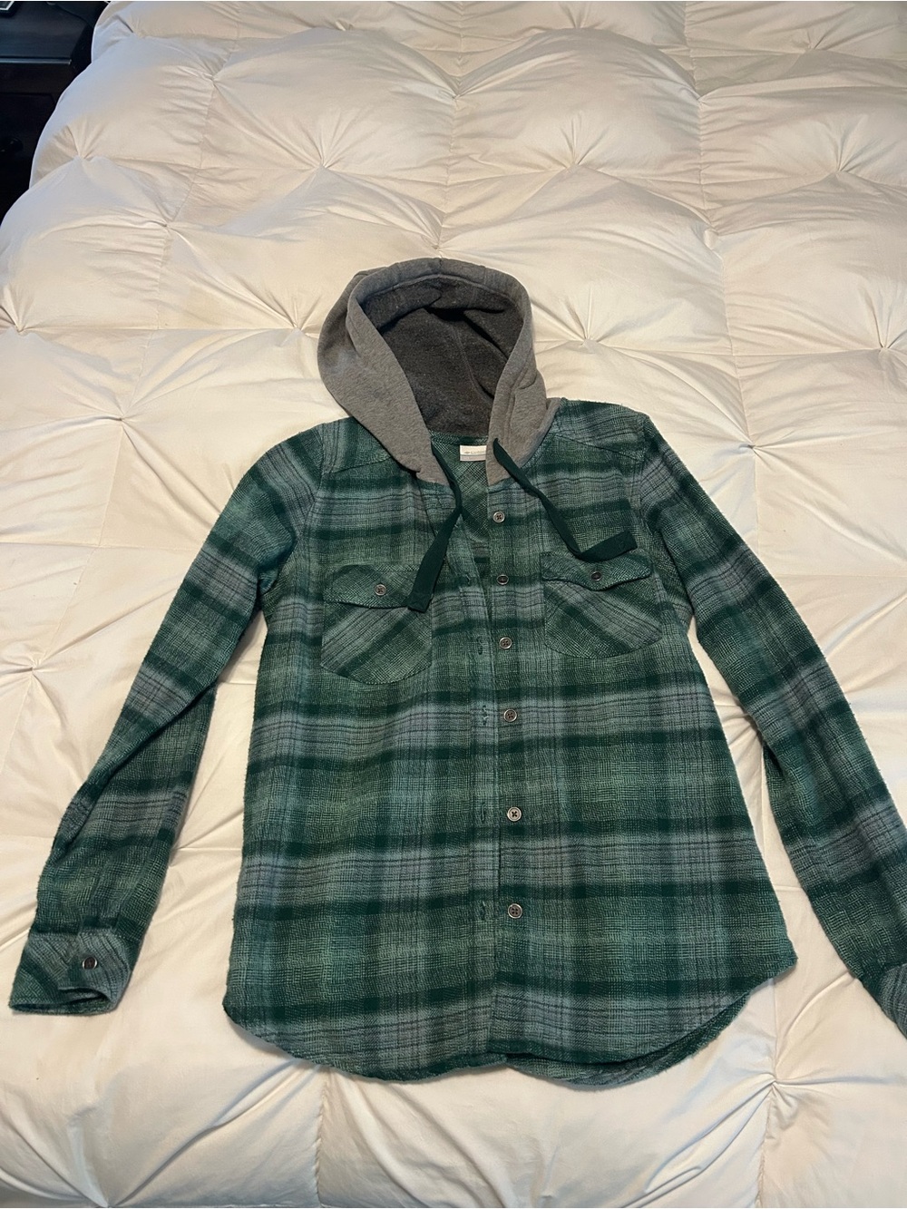 Columbia Green Plaid Flannel Hoody with Gray Hood and Drawstrings